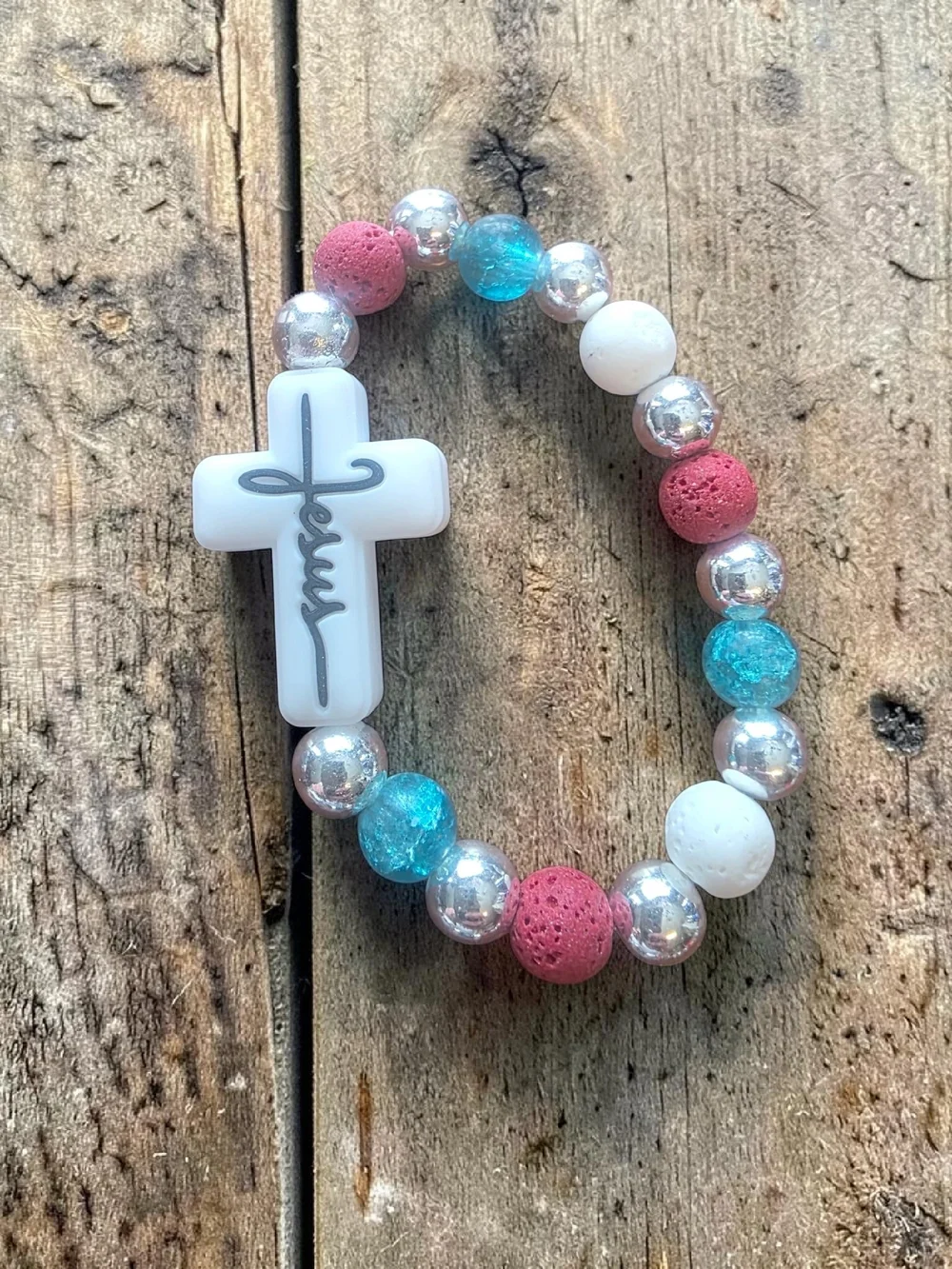 Styleandstone White Cross Red White Blue Lava Rock Bracelet
